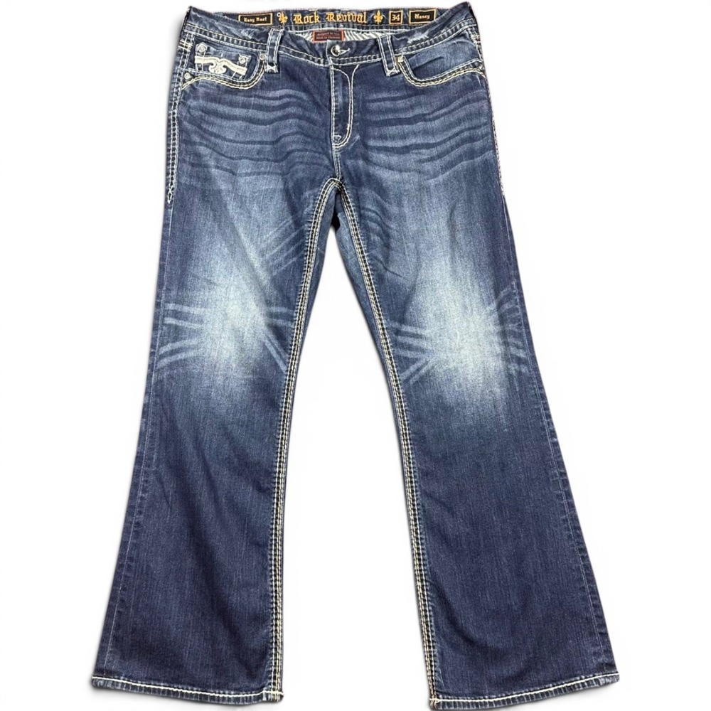 Rock Revival Easy Boot Jeans Women's fit 36/31 Blue Nancy Embroidered Bootcut
